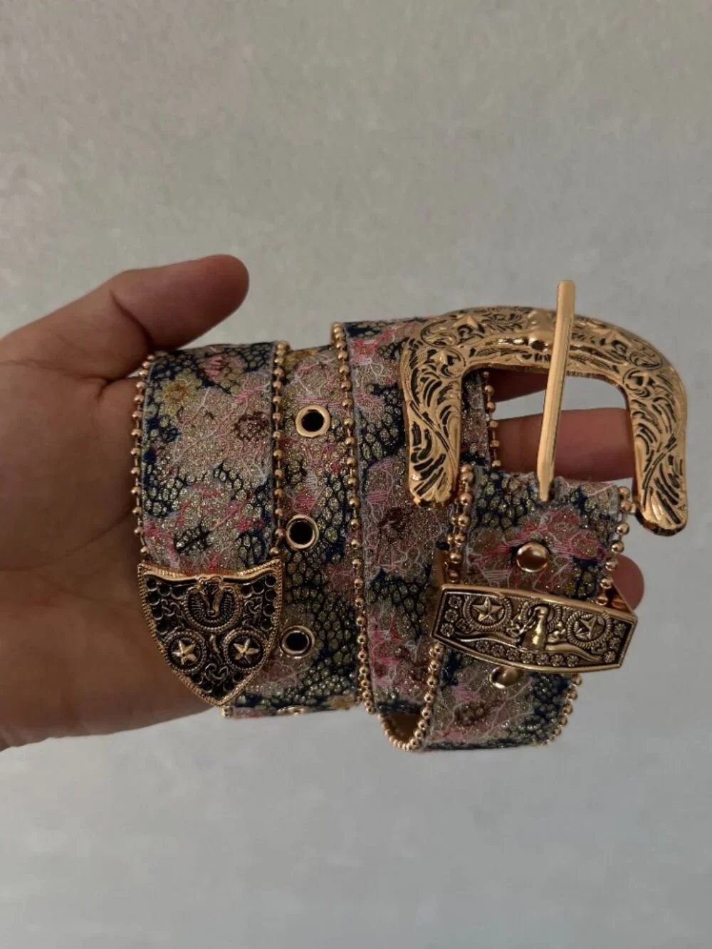 Pink Floral Jacquard Gold Western Buckle Belt